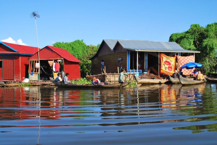 Boats in a Tonle Sap floating village