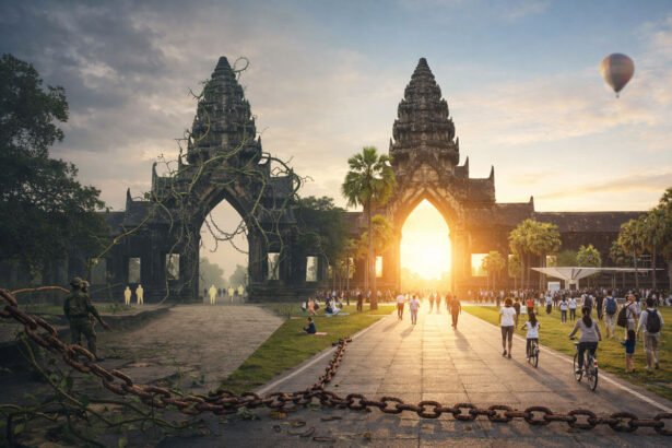 A horizontal image showing two contrasting scenes at a historic Cambodian temple gate, with one side dark and restrained and the other side bright and active with visitors, symbolising Cambodia’s tourism sector at a critical crossroads.