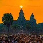 Angkor Wat temple at sunrise during the Spring Equinox solar alignment event.