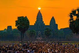 Angkor Wat temple at sunrise during the Spring Equinox solar alignment event.