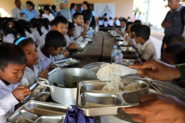 Officials and vendors at a food market highlighting healthy and affordable food reforms in Cambodia