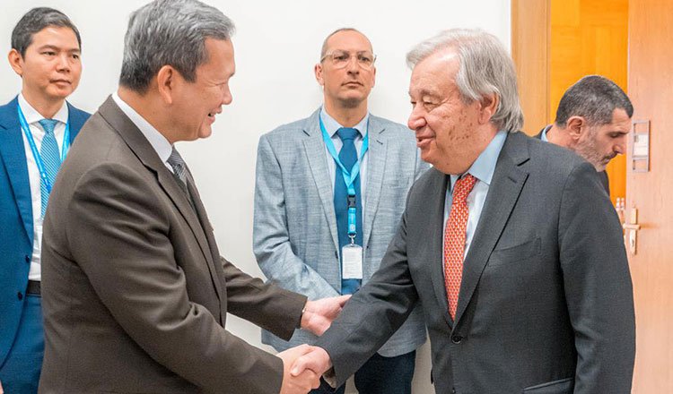 Prime Minister Hun Manet with UN Secretary-General António Guterres at Geneva meeting on territorial dispute