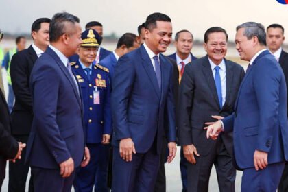Cambodian Prime Minister Hun Manet arriving at Techo International Airport after diplomatic tour to U.S. and Europe.