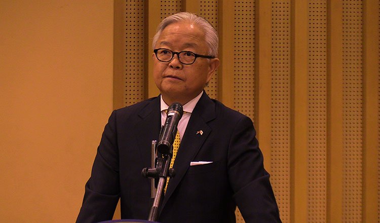 Japanese Ambassador and Cambodian officials at funding handover for water supply and school projects.