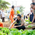 Displaced residents tending vegetable plots at a national farming program in Cambodia.