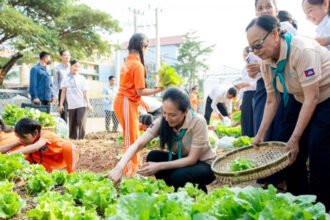 Displaced residents tending vegetable plots at a national farming program in Cambodia.