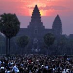 Thousands watching equinox sunrise at Angkor Wat Cambodia