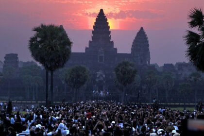 Thousands watching equinox sunrise at Angkor Wat Cambodia