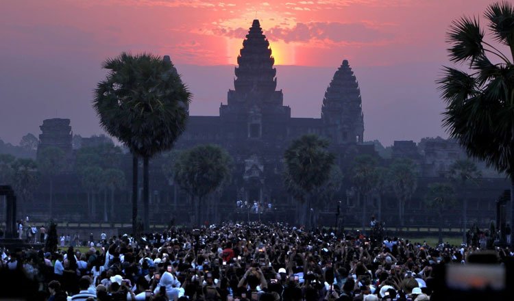 Thousands watching equinox sunrise at Angkor Wat Cambodia