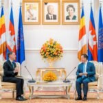 Cambodian Prime Minister Hun Manet holding talks with Dutch Ambassador Remco Johannes van Wijngaarden at the Peace Palace in Phnom Penh regarding Cambodia-Netherlands economic cooperation and investment relations.